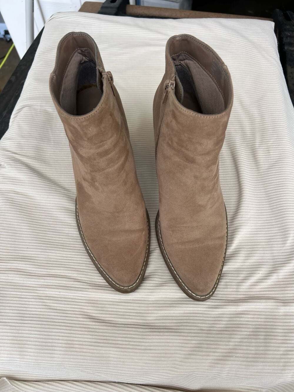 Madden Girl Klicky Pointed Toe Suede Ankle Booties in Taupe